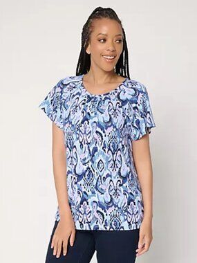 Denim & Co. Printed Linen Blend Flutter Sleeve Top, Indigo Sz 2X a724102
